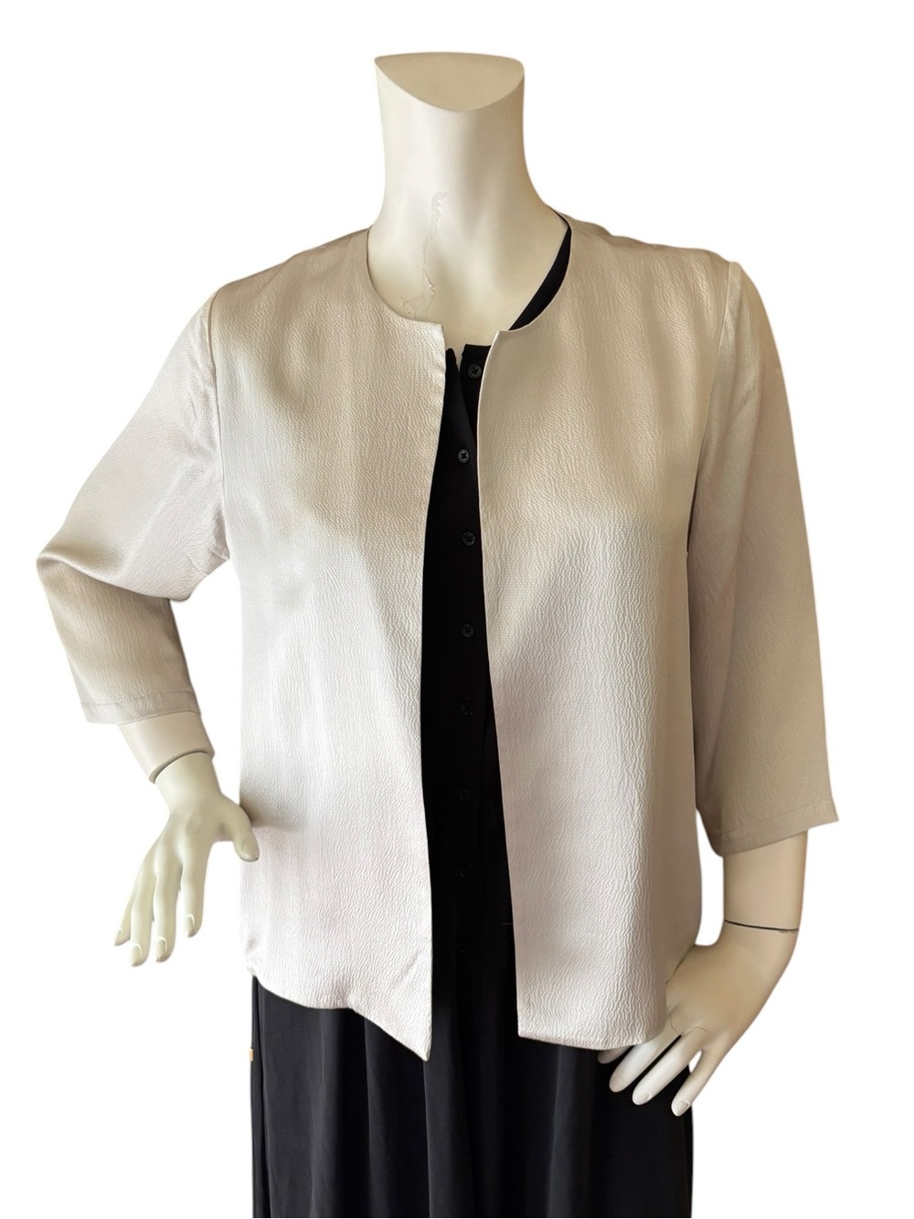 Eileen Fisher Silk Metallic Silver Open Front Jacket, S